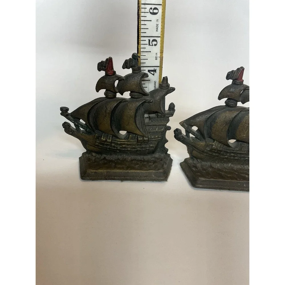Vintage Pair Cast Iron Metal Pirate Sailing Boat Clipper Ship Bookends‎ Heavy